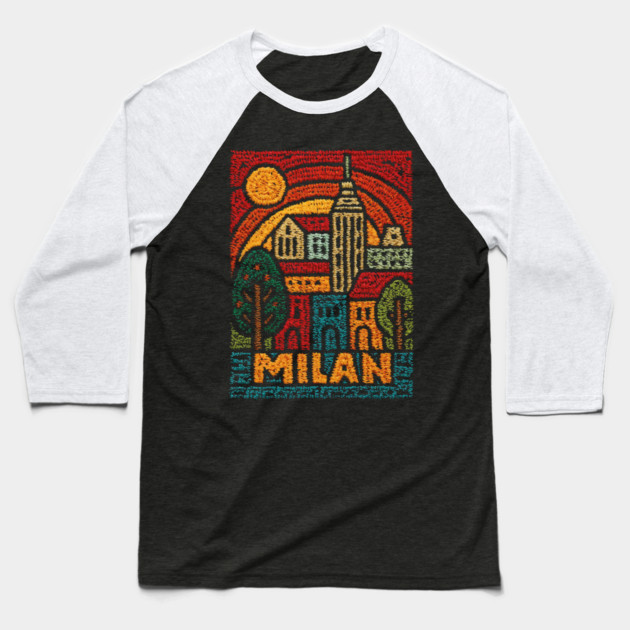 Milan Italy Linocut Poster | Vintage Duomo & Fashion Capital Baseball T-Shirt by TuncGK