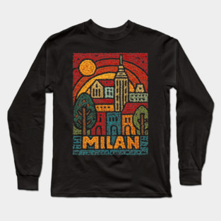 Milan Italy Linocut Poster | Vintage Duomo & Fashion Capital Long Sleeve T-Shirt
