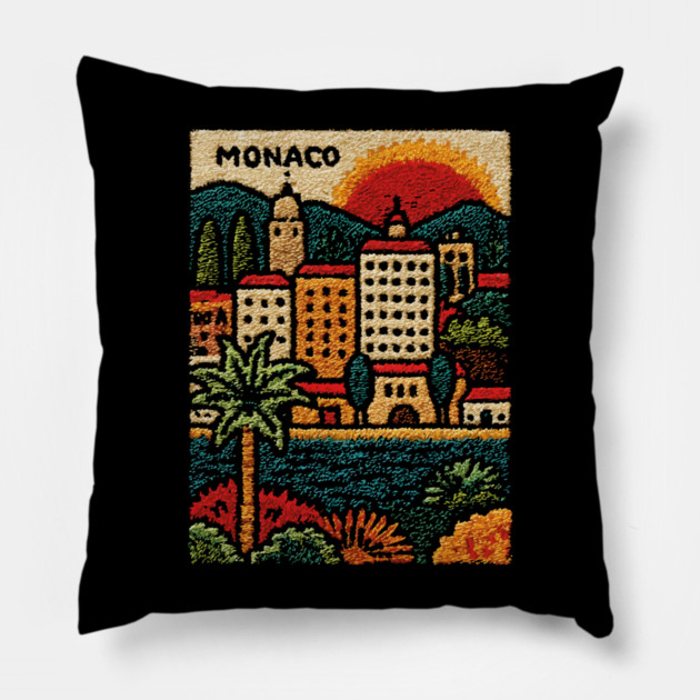 Glamorous Monaco Linocut Print | Retro Monte Carlo Souvenir Pillow by TuncGK