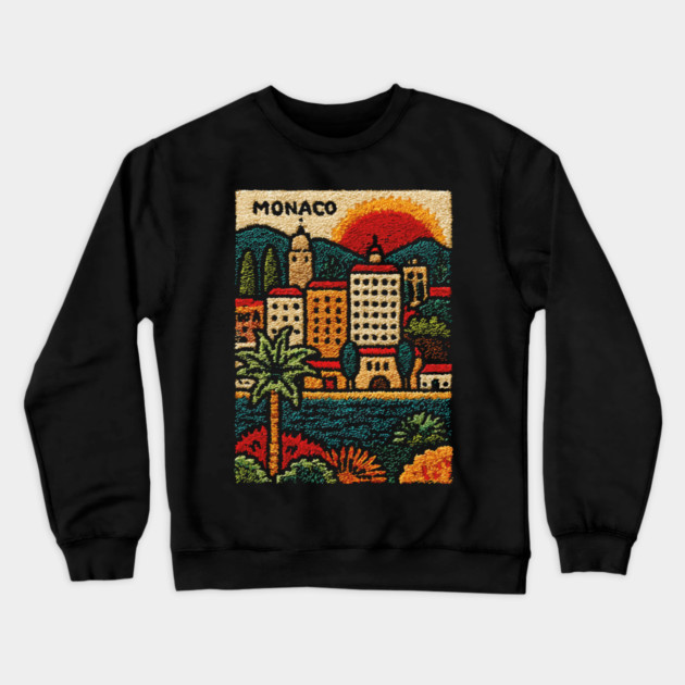 Glamorous Monaco Linocut Print | Retro Monte Carlo Souvenir Crewneck Sweatshirt by TuncGK