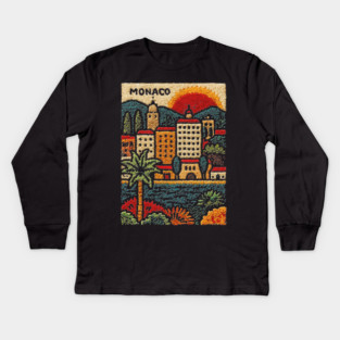 Glamorous Monaco Linocut Print | Retro Monte Carlo Souvenir Kids Long Sleeve T-Shirt