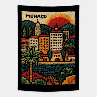 Glamorous Monaco Linocut Print | Retro Monte Carlo Souvenir Tapestry