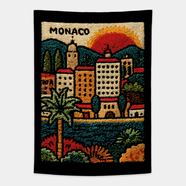 Glamorous Monaco Linocut Print | Retro Monte Carlo Souvenir Tapestry by TuncGK