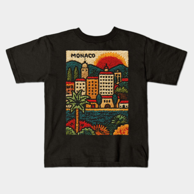 Glamorous Monaco Linocut Print | Retro Monte Carlo Souvenir Kids T-Shirt by TuncGK