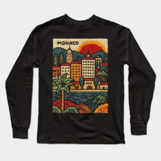 Glamorous Monaco Linocut Print | Retro Monte Carlo Souvenir Long Sleeve T-Shirt