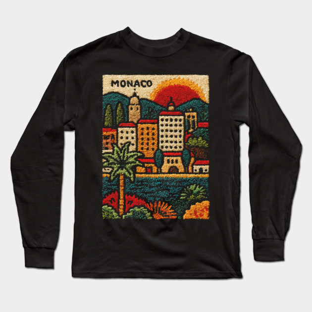 Glamorous Monaco Linocut Print | Retro Monte Carlo Souvenir Long Sleeve T-Shirt by TuncGK