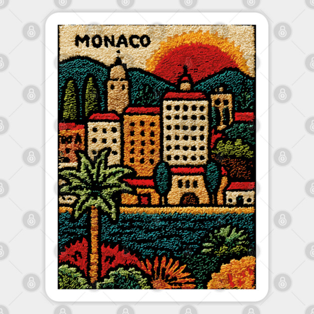 Glamorous Monaco Linocut Print | Retro Monte Carlo Souvenir Sticker by TuncGK