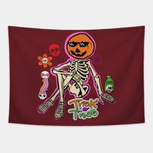 Funny Skeleton All Hallows Eve T-Shirt, Retro Halloween Costume Party Glow in the Dark Graphic Tee Tapestry