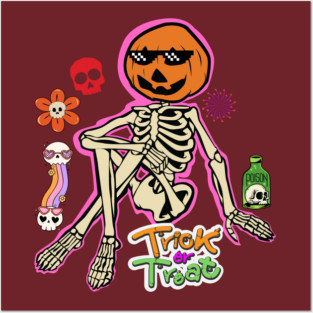 Funny Skeleton All Hallows Eve T-Shirt, Retro Halloween Costume Party Glow in the Dark Graphic Tee Posters and Art