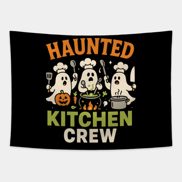 Haunted Kitchen Crew Funny Ghost Halloween Cooking Gift Tapestry by MakerMind8.2