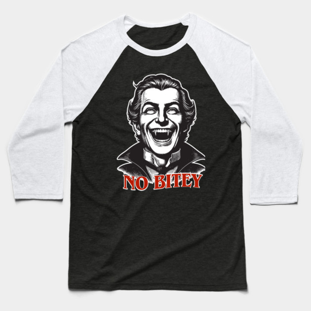 No Bitey – Funny Vintage Dracula Vampire Halloween Design Baseball T-Shirt by Butter Creative