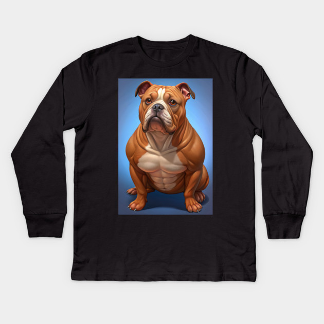 Funny Muscular Bulldog Cartoon – Strong and Wrinkly Dog Art for Dog Lovers and Pet Humor Fans Kids Long Sleeve T-Shirt by IamActiveDog