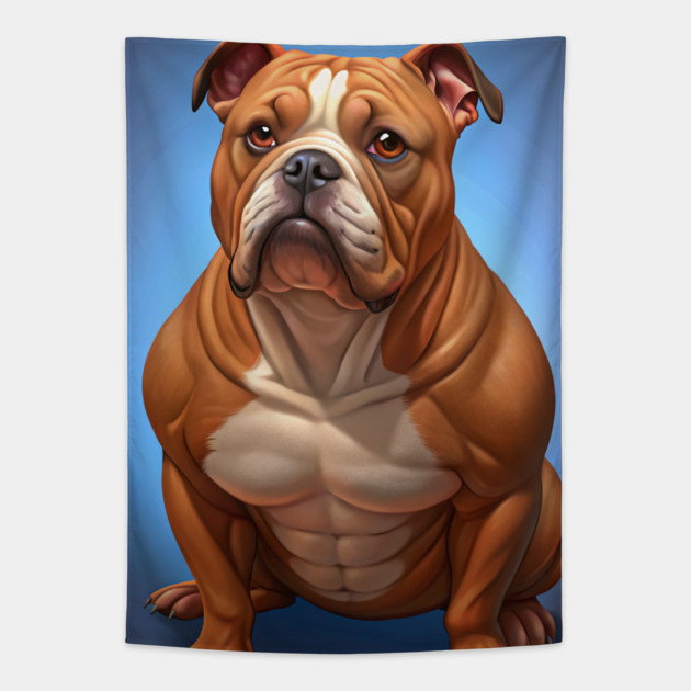 Funny Muscular Bulldog Cartoon – Strong and Wrinkly Dog Art for Dog Lovers and Pet Humor Fans Tapestry by IamActiveDog
