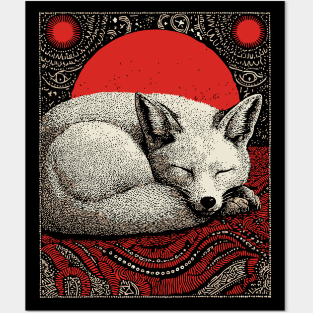 Sleeping Fox Spirit Animal Tarot Card | Witchy Nocturnal Familiar Wall Art by TuncGK