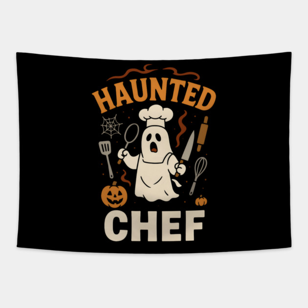 Haunted Chef Funny Ghost Halloween Cooking Gift Tapestry by MakerMind8.2