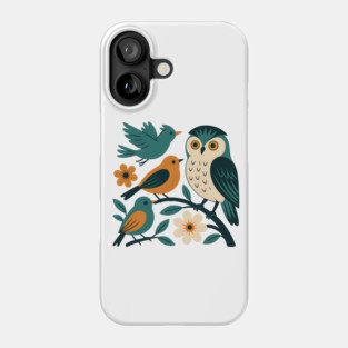 Whimsical Forest Birds - Owl and Songbirds Modern Nature Art Phone Case