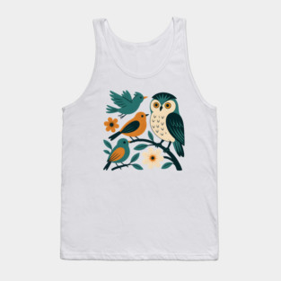 Whimsical Forest Birds - Owl and Songbirds Modern Nature Art Tank Top