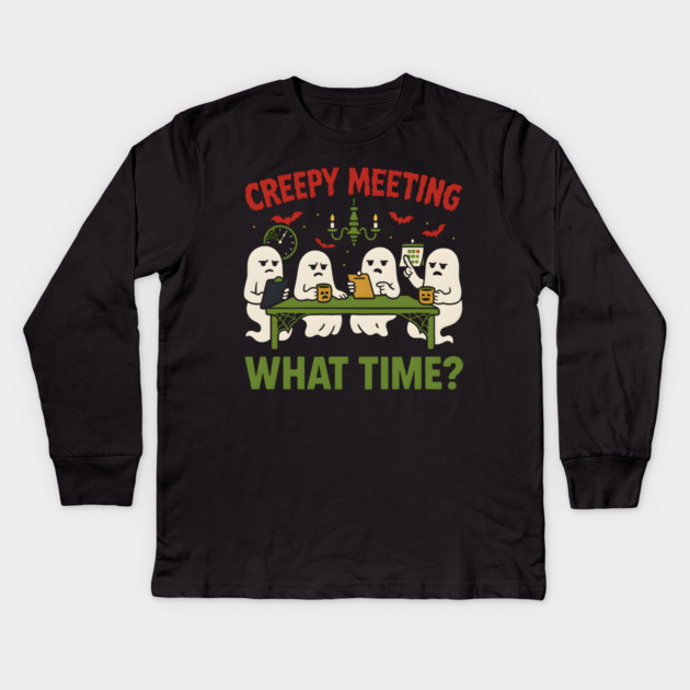 Creepy Meeting What Time Funny Ghost Office Halloween Kids Long Sleeve T-Shirt by MakerMind8.2