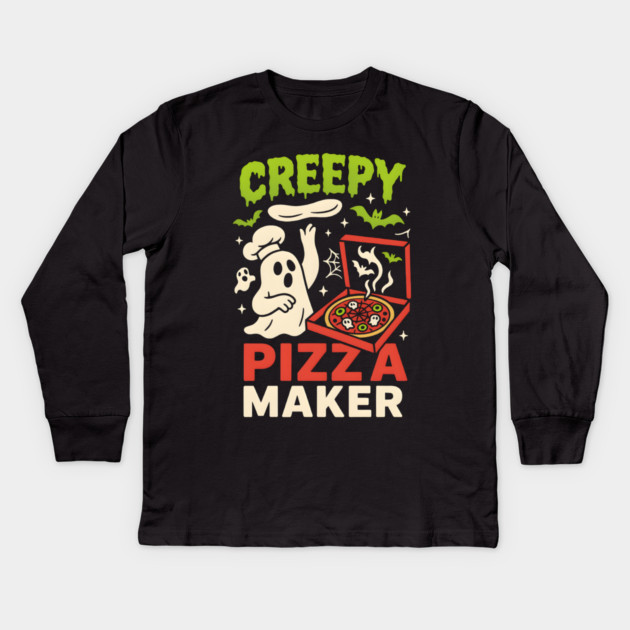 Creepy Pizza Maker Funny Ghost Halloween Foodie Kids Long Sleeve T-Shirt by MakerMind8.2