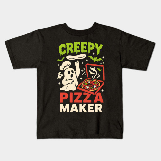Creepy Pizza Maker Funny Ghost Halloween Foodie Kids T-Shirt by MakerMind8.2