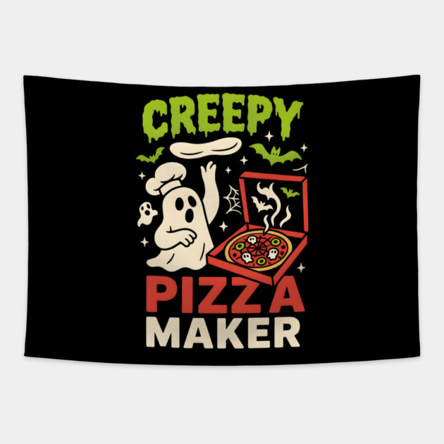 Creepy Pizza Maker Funny Ghost Halloween Foodie Tapestry by MakerMind8.2