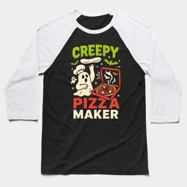 Creepy Pizza Maker Funny Ghost Halloween Foodie Baseball T-Shirt by MakerMind8.2