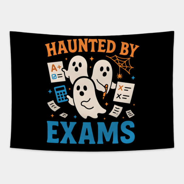 Haunted by Exams Funny Ghost Student Halloween Tapestry by MakerMind8.2