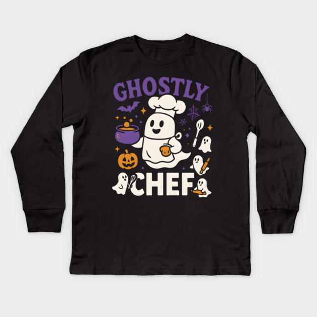 Ghostly Chef Funny Halloween Cooking Ghost Kids Long Sleeve T-Shirt by MakerMind8.2