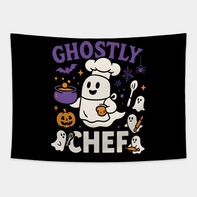 Ghostly Chef Funny Halloween Cooking Ghost Tapestry by MakerMind8.2