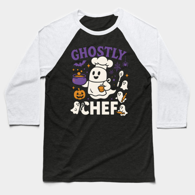 Ghostly Chef Funny Halloween Cooking Ghost Baseball T-Shirt by MakerMind8.2