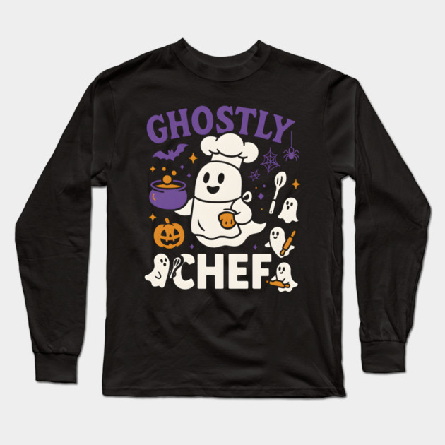 Ghostly Chef Funny Halloween Cooking Ghost Long Sleeve T-Shirt by MakerMind8.2
