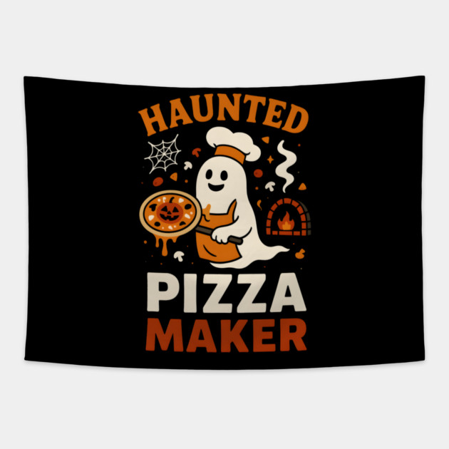 Haunted Pizza Maker Funny Ghost Halloween Tapestry by MakerMind8.2