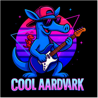 Cool Aardvark Playing Guitar Retro Neon Style Artwork Posters and Art