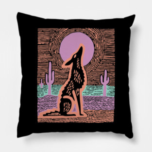 Howling Coyote - Southwestern Desert Linocut Pillow