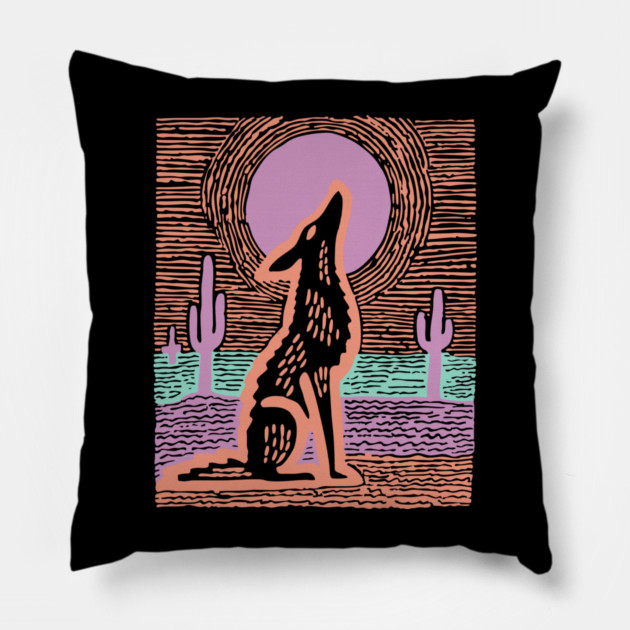 Howling Coyote - Southwestern Desert Linocut Pillow by TuncGK