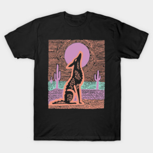 Howling Coyote - Southwestern Desert Linocut T-Shirt