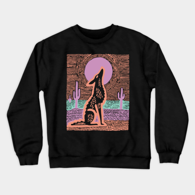 Howling Coyote - Southwestern Desert Linocut Crewneck Sweatshirt by TuncGK