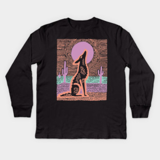 Howling Coyote - Southwestern Desert Linocut Kids Long Sleeve T-Shirt