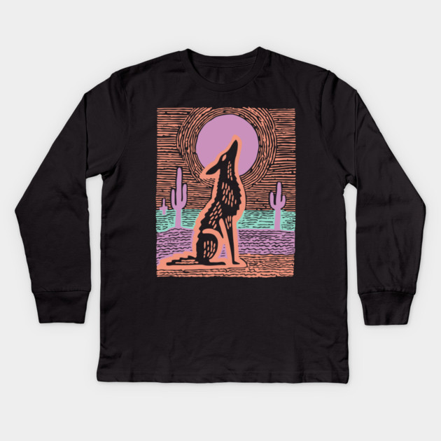 Howling Coyote - Southwestern Desert Linocut Kids Long Sleeve T-Shirt by TuncGK