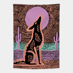 Howling Coyote - Southwestern Desert Linocut Tapestry