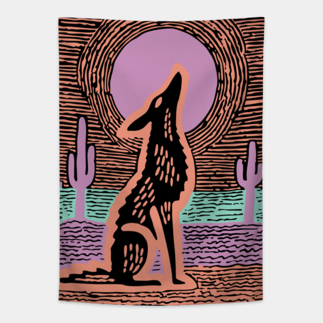 Howling Coyote - Southwestern Desert Linocut Tapestry by TuncGK