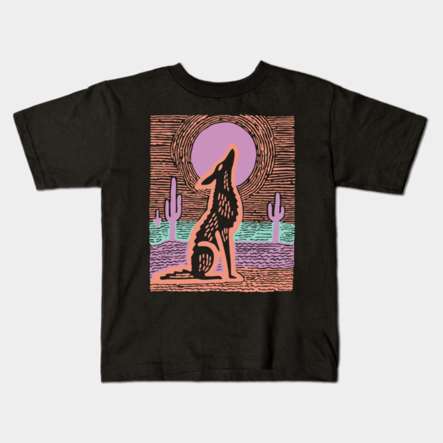Howling Coyote - Southwestern Desert Linocut Kids T-Shirt by TuncGK