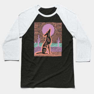 Howling Coyote - Southwestern Desert Linocut Baseball T-Shirt