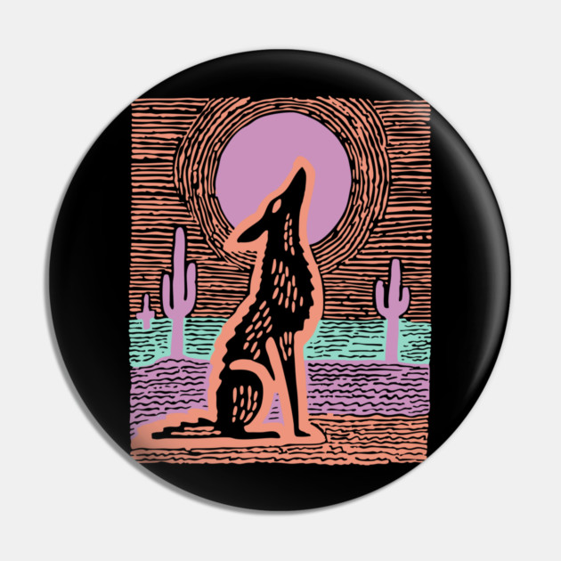 Howling Coyote - Southwestern Desert Linocut Pin by TuncGK