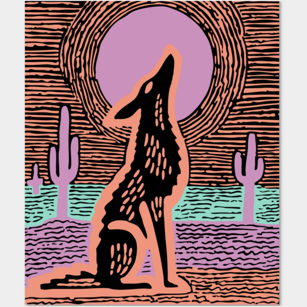 Howling Coyote - Southwestern Desert Linocut Wall Art by TuncGK