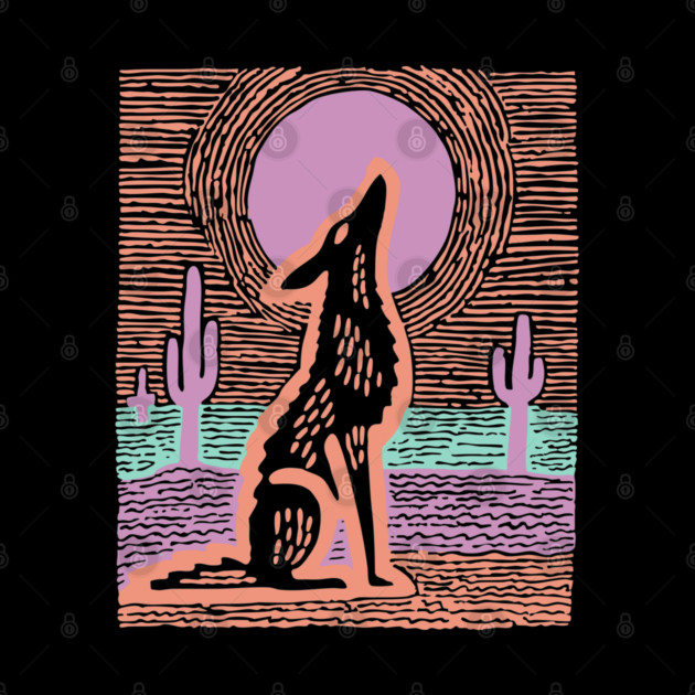 Howling Coyote - Southwestern Desert Linocut by TuncGK