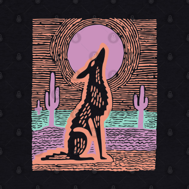 Howling Coyote - Southwestern Desert Linocut by TuncGK