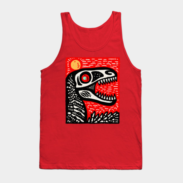 Aggressive T-Rex Skull - Red & Black Linocut Dinosaur Art Tank Top by TuncGK