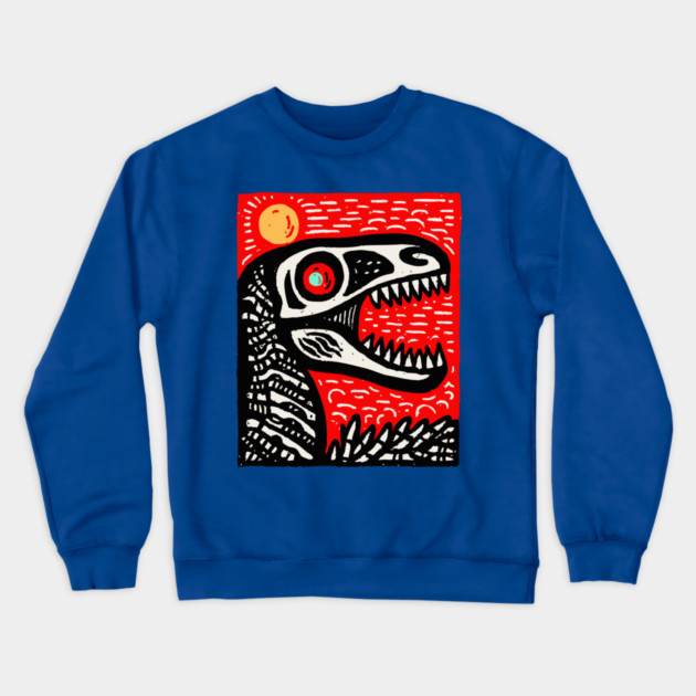Aggressive T-Rex Skull - Red & Black Linocut Dinosaur Art Crewneck Sweatshirt by TuncGK