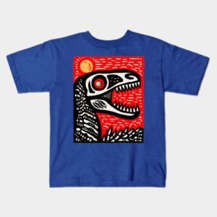Aggressive T-Rex Skull - Red & Black Linocut Dinosaur Art Kids T-Shirt